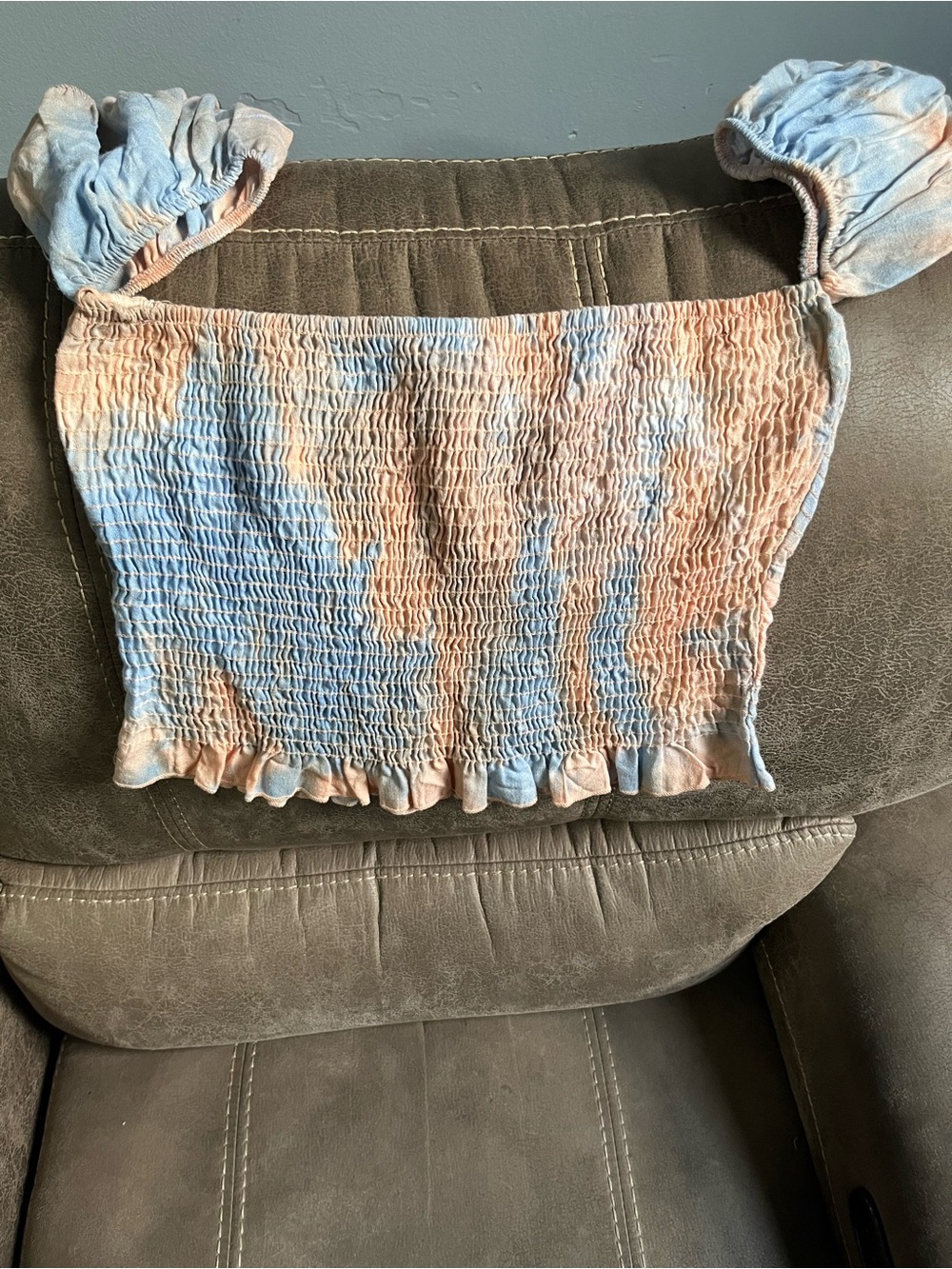 Blue Blush Smocked Off-Shoulder Tie-Dye Crop Top in Light Blue and Peach